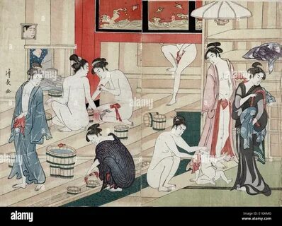 scene in a public bathhouse where several women are bathing. 