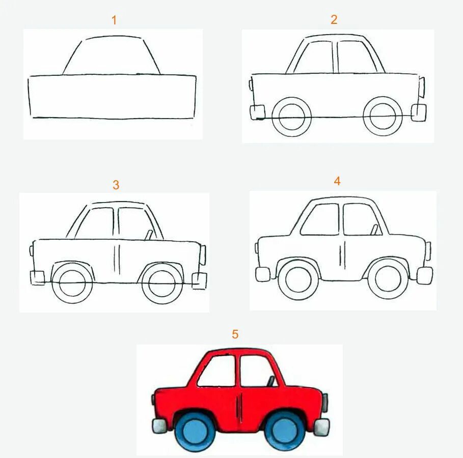 Схема рисования машины для детей. Поэтапное рисование автомобиля для детей. Рисунки для срисовки машины лёгкие. Поэтапный рисунок машины для детей.