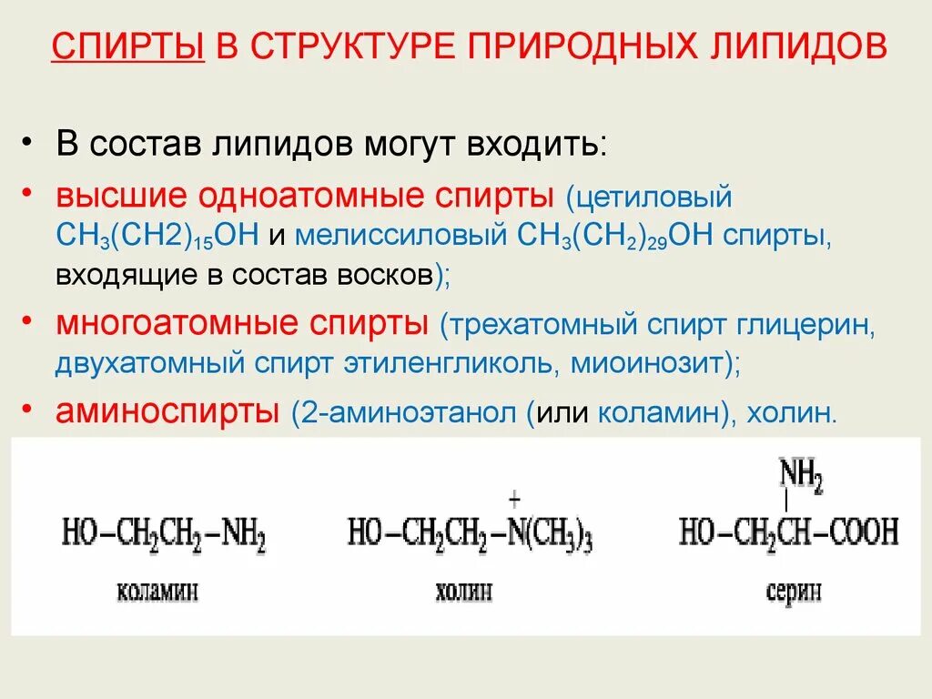 Формулы спиртов входящих в состав липидов. Также в состав могут быть