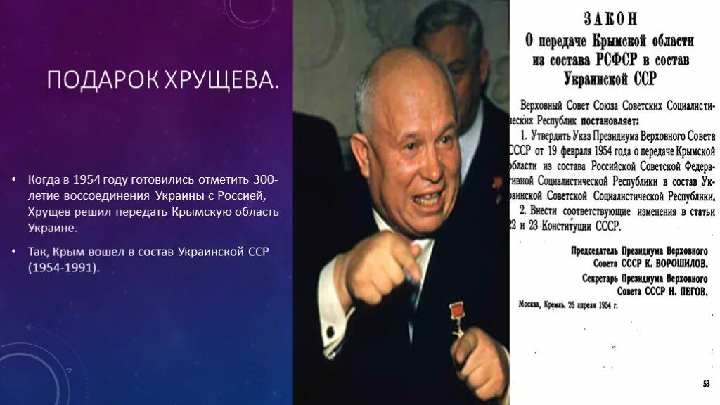 Подарок Хрущева Украине Крым 1954. Хрущев передал Крым Украине. Подарок Хрущёва Украине Крыма. Передача Крыма Украине причины.