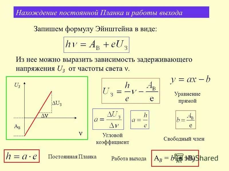 Формула задерживающего напряжения для фотоэффекта. Определение постоянной планка.