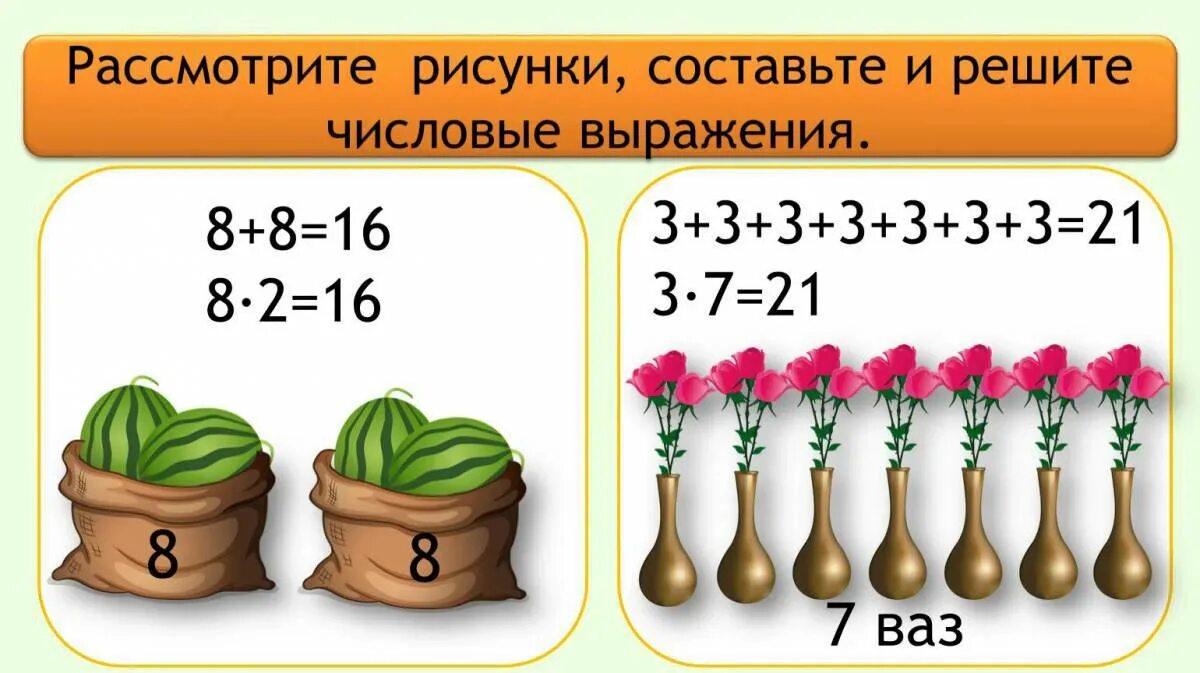 Задачи на умножение. Умножение картинки. Числовые выражения. Составление числовых выражений.