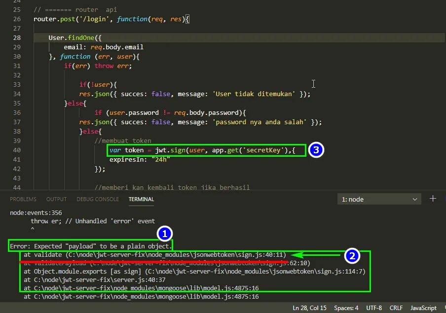 Node js throw error