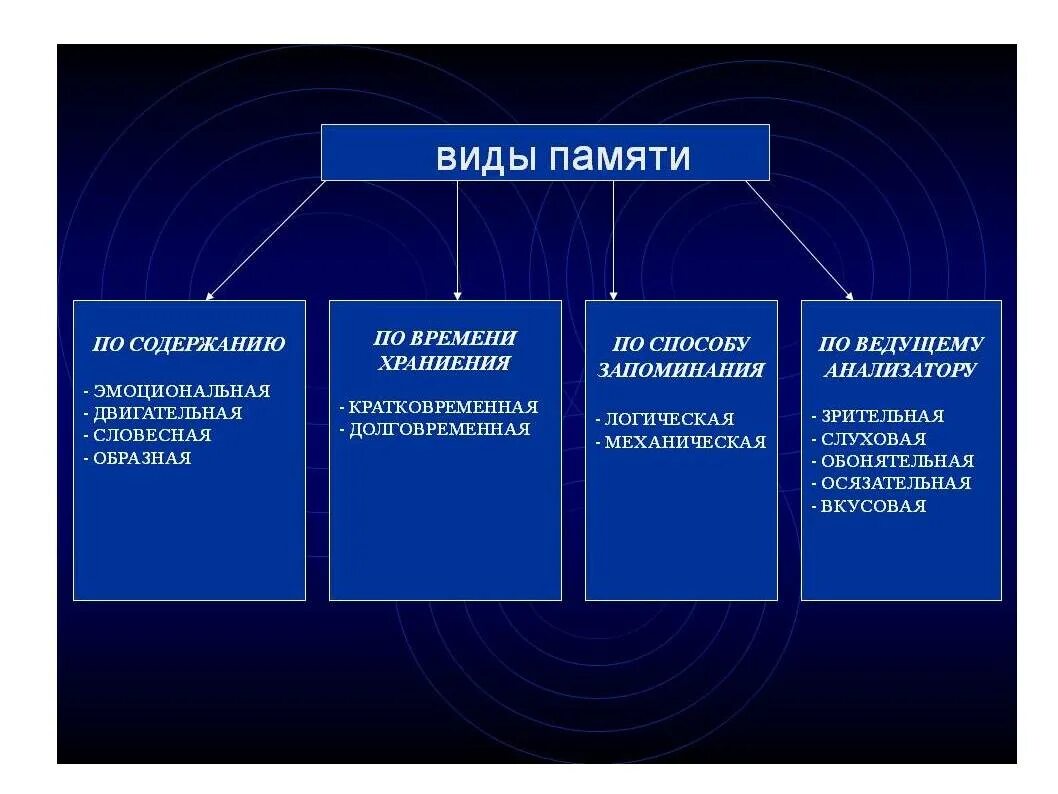 Отличительные особенности памяти человека. Виды памяти. Виды памяти у человека. Перечислите виды памяти. Классификация основных видов памяти.