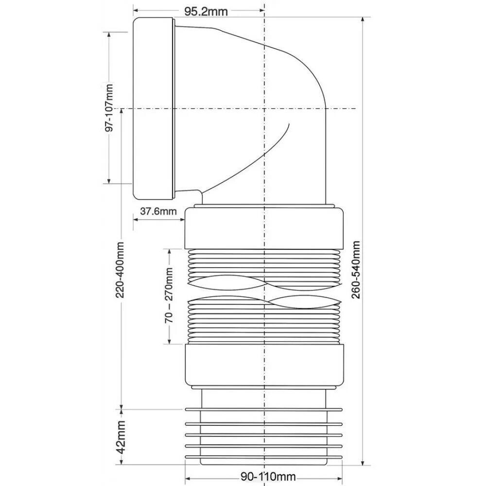 Гофра труба для унитаза. Труба фановая 110-90* MCALPINE. Гофрированная раздвижная труба MCALPINE WC-f11r (l330-500мм) под углом 90градусов. MRWC-f11r. Труба фановая для унитаза MCALPINE.