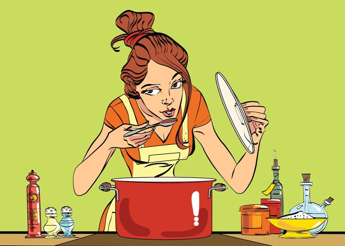 Глупая хозяйка. Хозяйка на кухне арт. Готовка рисунок. Девушка на кухне иллюстрация. Хозяйка готовит иллюстрации.