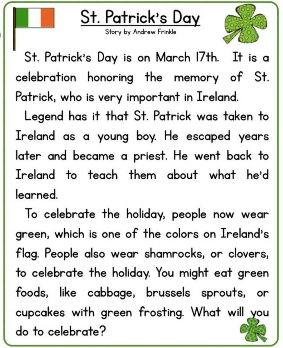 День Святого Патрика Worksheets. St Patrick's Day текст с заданиями. St Patrick's Day задания по английскому. Saint Patrick's Day for Kids. Many day текст