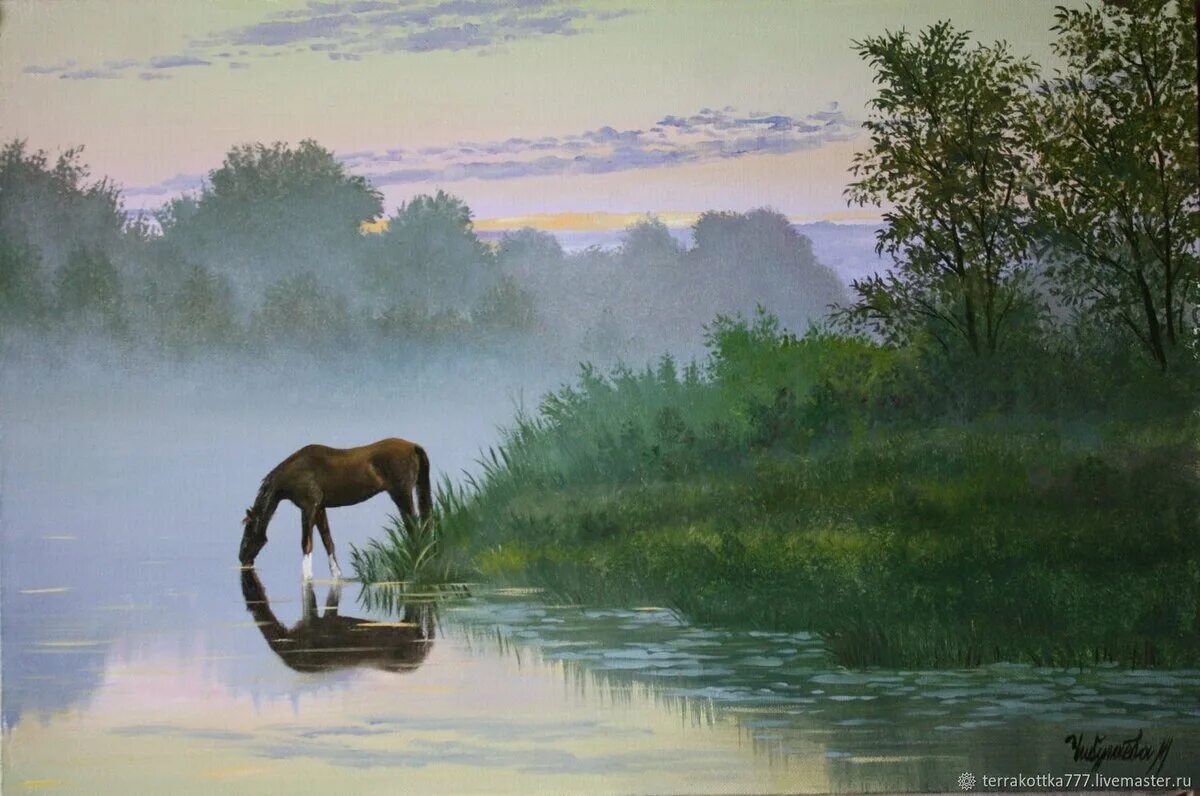 Чудесный витязь коня из реки. Лошади на водопое. Кони на водопое картина. Пейзаж с лошадью маслом. Пейзаж с лошадьми живопись.