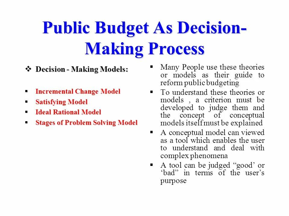 Decision making process. Model of decision-making process. Models of decision-making. Public budget.