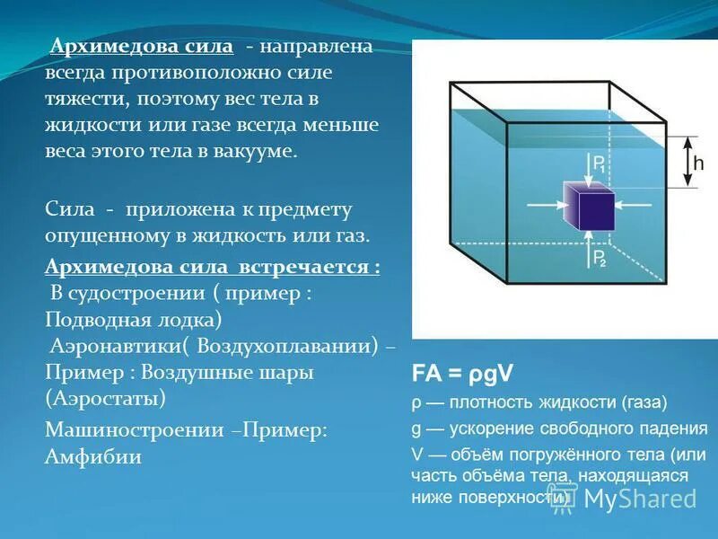 Архимедова сила вычисляется по формуле. Архимедова сила. Архимедова сила и сила тяжести. Сила Архимеда и сила тяжести. Фархимеда сила направлена.