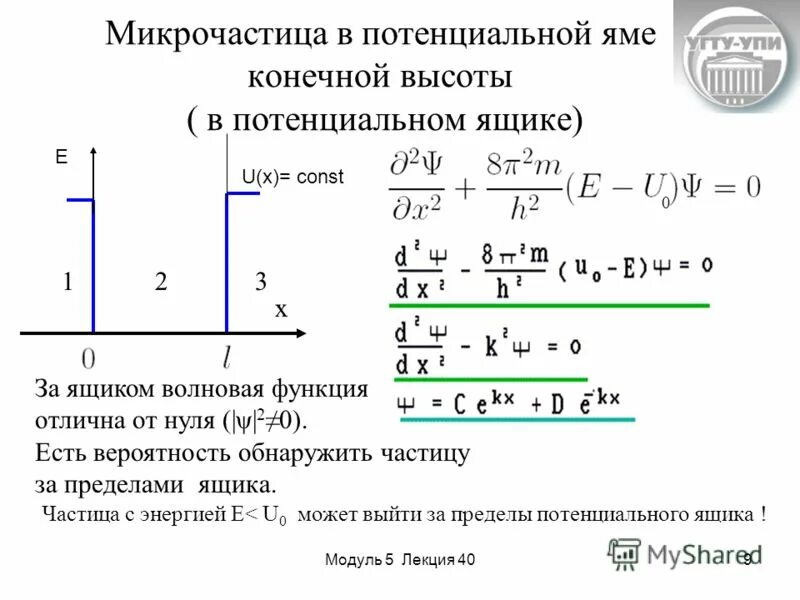 Одномерный потенциальный ящик с бесконечными стенками.. Микрочастица в потенциальной яме. Частица в одномерном потенциальном ящике. Уровни энергии в потенциальной яме.