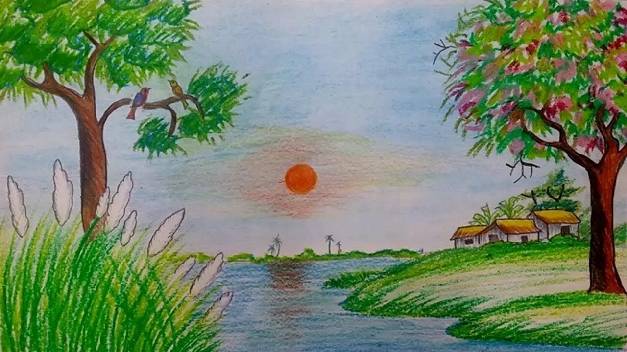 Природа рисунок. Рисование летний пейзаж. Легкие пейзажи. Летний пейзаж цветными карандашами. Рисунок настроение природы