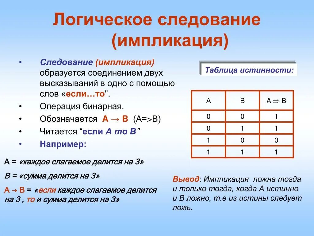 Определить результат операции a b. Таблица истинности операции импликация. Следование импликация таблица. Таблица истинности импликации в информатике. Логические операции в информатике импликация.