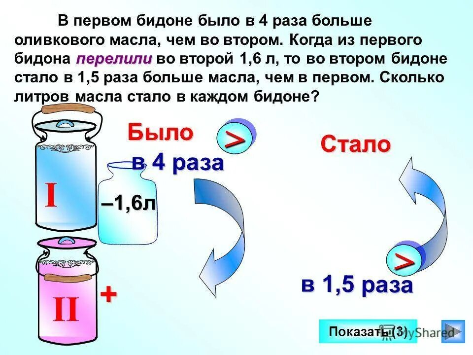 В разы быстрее обычного в. В первом бидоне было. Задачи 2 класс в большом бидоне. В первом бидоне было в 4 раза больше оливкового. В 4 раза больше чем.