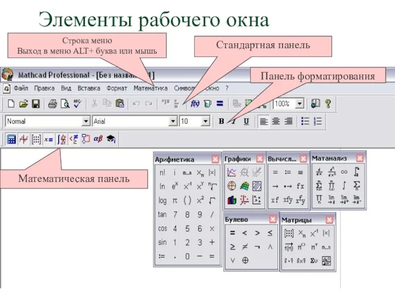 Элементы рабочей области. Панель математика в Mathcad. Панель инструментов Mathcad. Элементы рабочего окна. Панель форматирования.