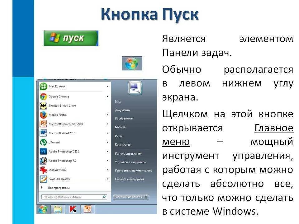 Windows 7 пуск панель управления. Кнопка пуск на панели задач. Кнопка пуск программы. Главное меню программы.