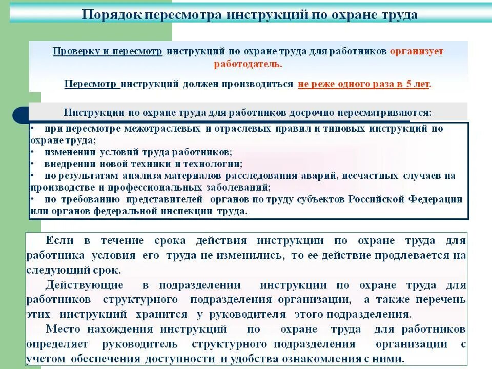 Обучение программа в по охране труда периодичность. Периодичность пересмотра инструкций по охране труда для работников. Плановый срок проверки инструкций по охране труда. Сроки пересмотра инструкций по охране труда. Сроки пересмотра инструкций по охране труда в организации.