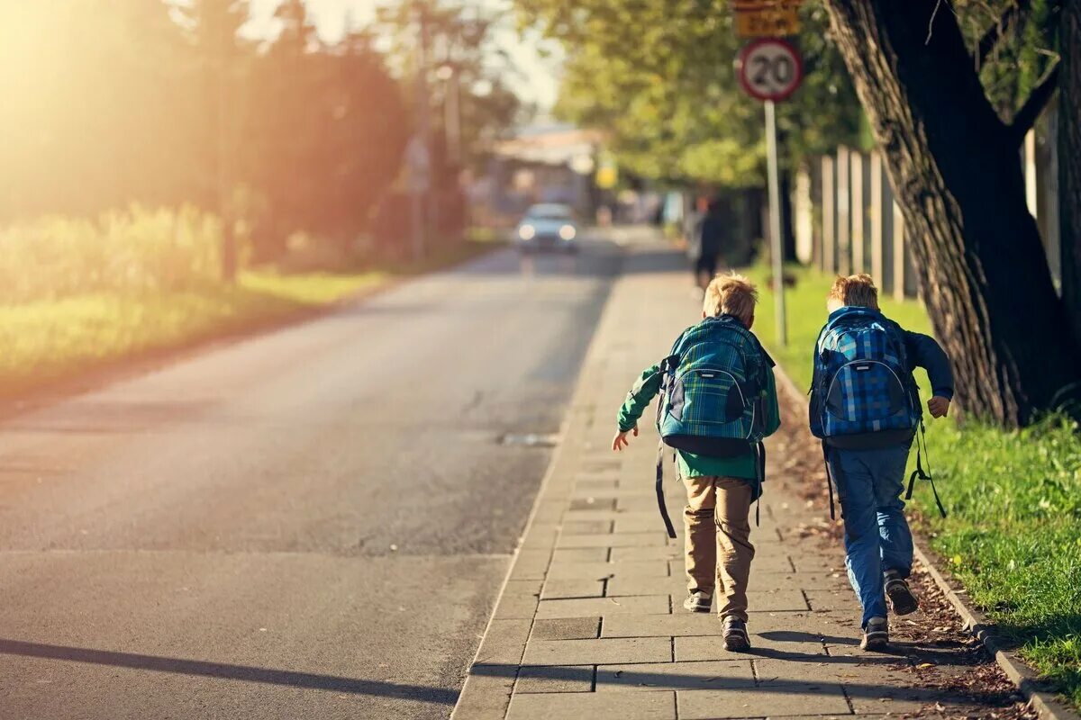 Живем далеко от школы. Пешеход на тротуаре. Дети идут по дороге. Люди идут по тротуару. Идти по тротуару.