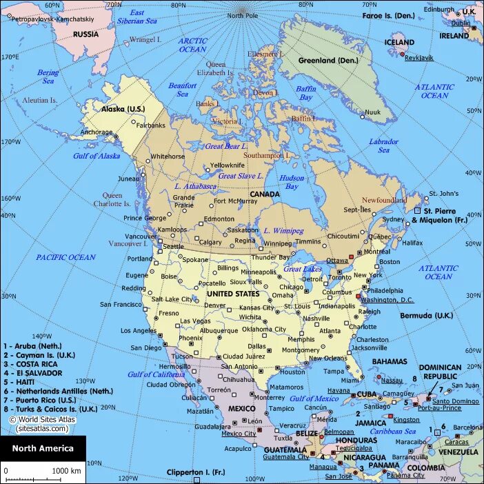 Название городов северной америки. Политическая карта Северной Америки с городами. Карта North America. Столицы Северной Америки на карте.