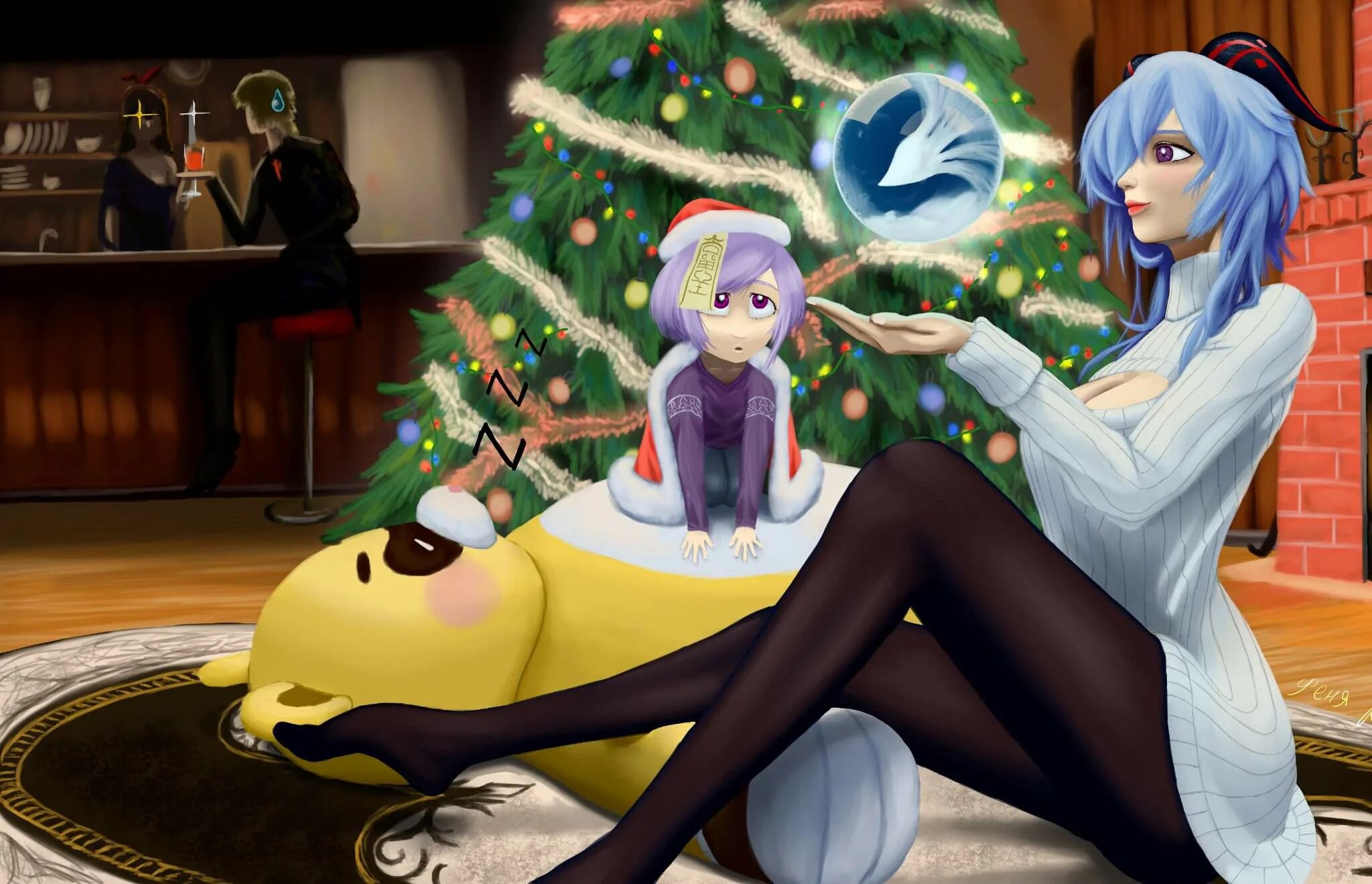 Новогодние обои на рабочий стол. Зима новый год. Необычные снеговики. Персонажи снежной геншин. Шар со снегом.