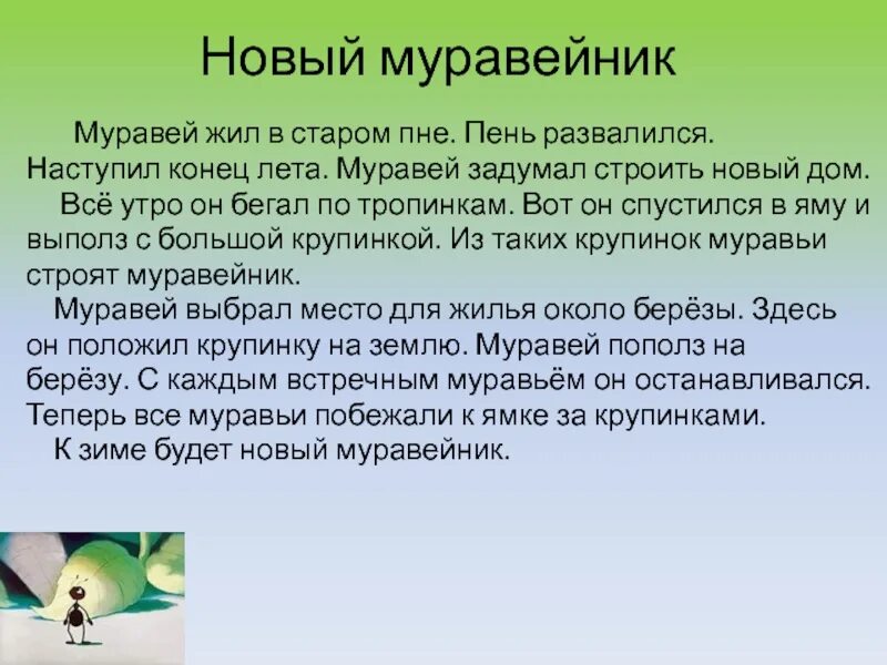 Используя содержание текста что предпочитает муравей. Новый муравейник изложение. муравей жил в старом пне. новый муравейник. текст новый муравейник.
