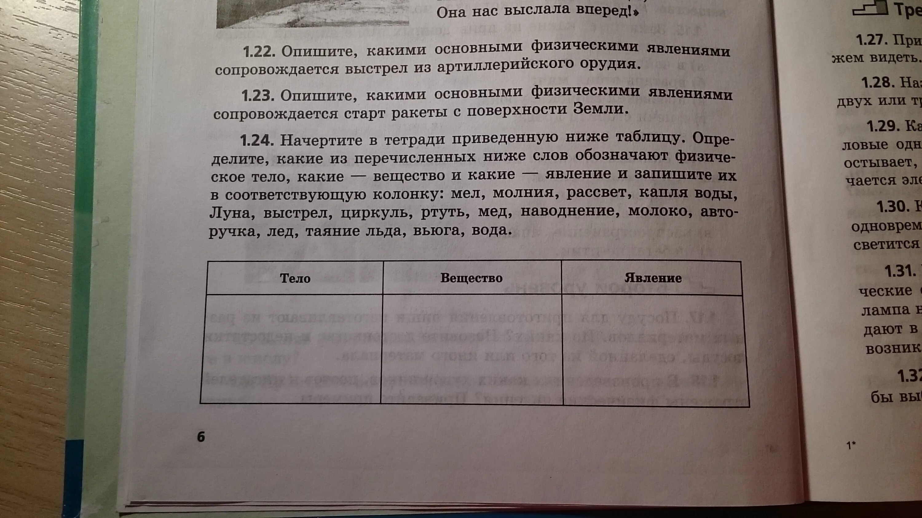 Запиши слова в нужную колонку таблицы. Начертите в тетради приведенную ниже таблицу. Мел молния рассвет капля воды Луна выстрел тело вещество явление. Физическое тело физическое явление 1 за 7 класс.