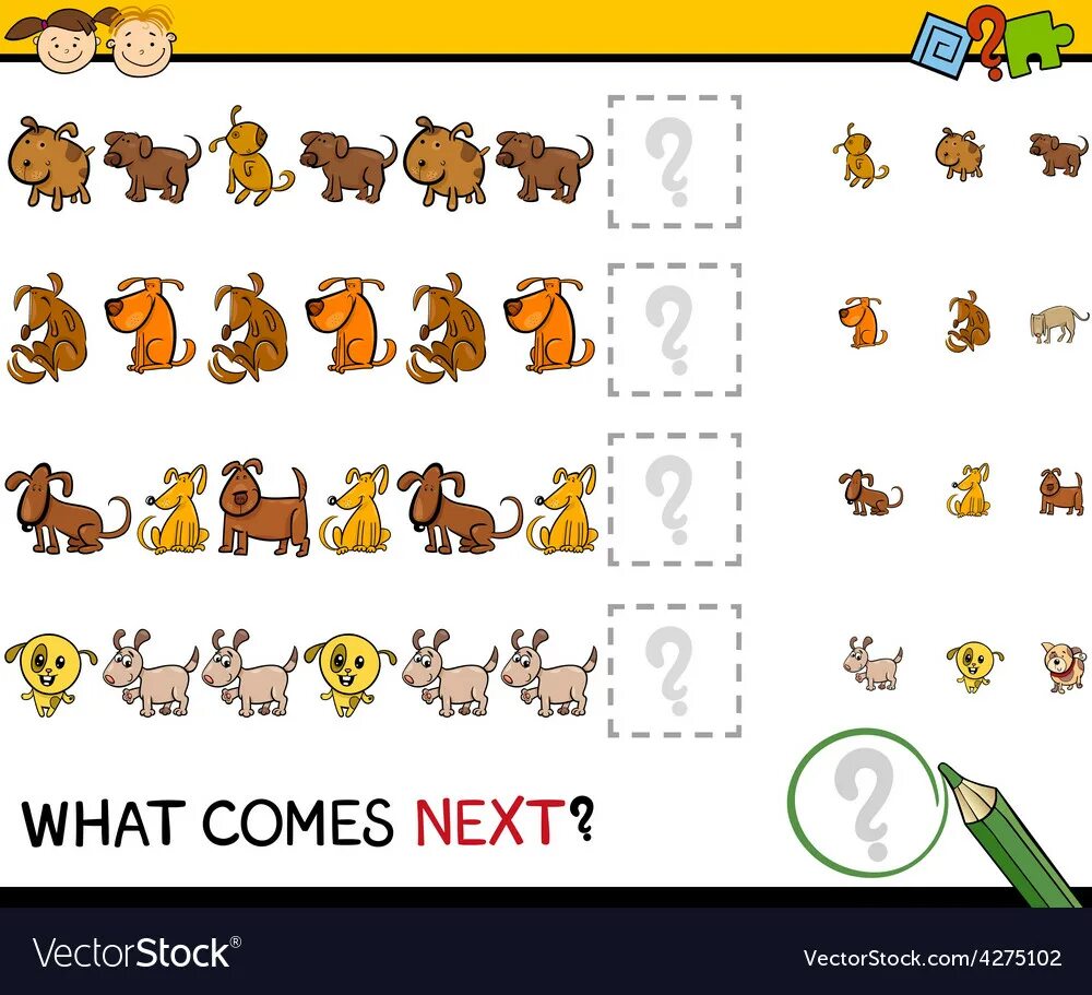What comes next. What's come next. Farm animals complete the pattern. What comes next face.