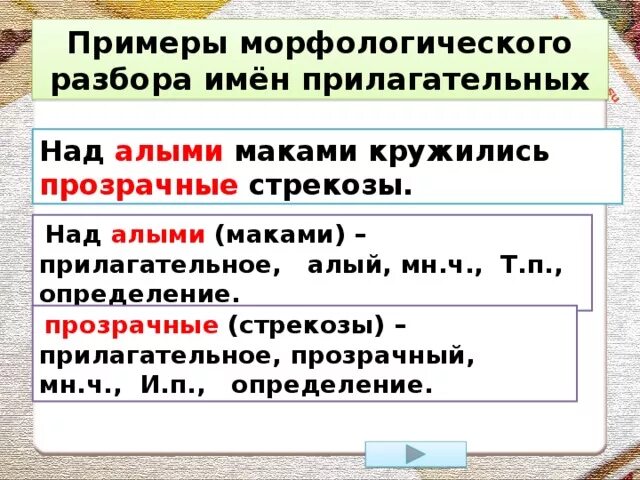 Морфологический разбор прилагательного 4 класс памятка