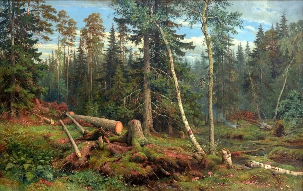 Шишкин рубка леса 1867. Картина Шишкина рубка леса. Он всему лесному году начало