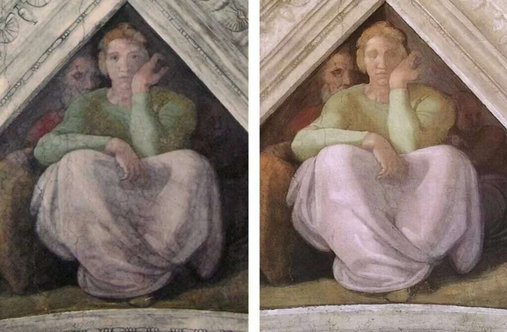 Микеланджело потолок Сикстинской капеллы. Фрески Сикстинской капеллы до реставрации. Сикстинская капелла до и после реставрации. Реставрация Сикстинской капеллы Микеланджело.