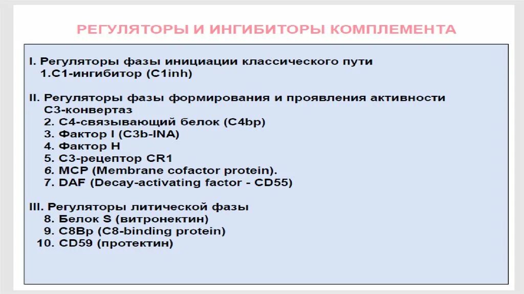 С1 комплемента. Ингибиторы системы комплемента. Регуляция активности комплемента. Мембранные регуляторы активности комплемента. Сывороточные регуляторы активности комплемента..