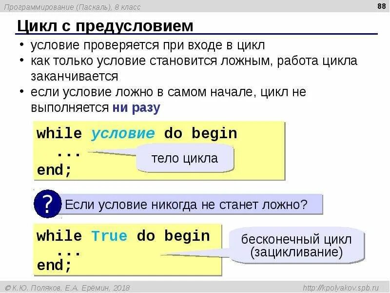 Цикл (программирование). Программирование циклов с предусловием в Паскаль. Основы программирования Паскаль 8 класс. Циклы в Паскале презентация. Тест язык программирования паскаль 8 класс