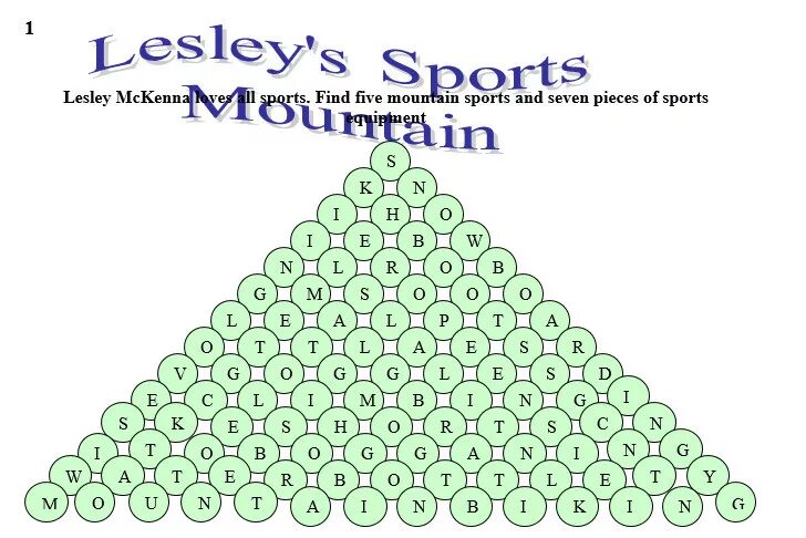 1 find the sports. Lesley MCKENNA Loves all Sports. Find Five Mountain Sports and Seven pieces of Sports Equipment.