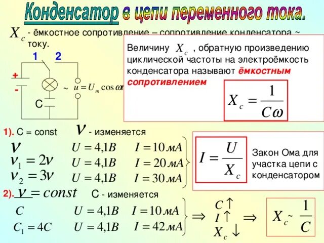 Формула расчета сопротивления конденсатора переменному току. Сопротивление конденсатора переменному току. Как вычислить напряжение на конденсаторе. Как определить емкость сопротивления.