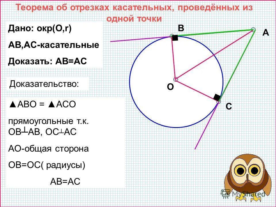 Теорема о двух касательных из одной точки. Свойства отрезков касательных проведенных к окружности из 1 точки. Теорема об отрезках касательных к окружности доказательство. Свойства касательных проведенных из 1 точки к окружности. Доказательство отрезки касательных к окружности.