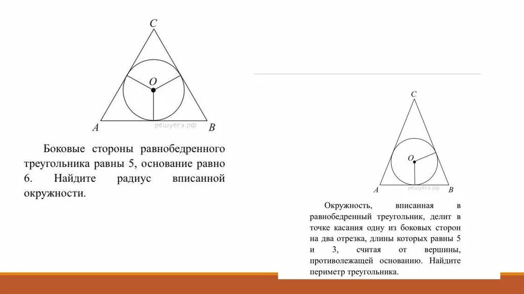 Формула вписанной окружности в равнобедренный треугольник