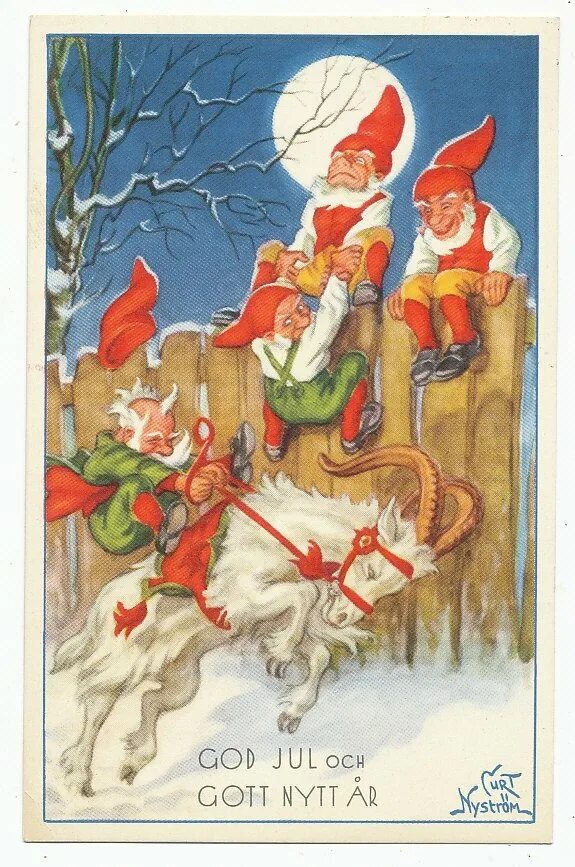 God jul. Новогодняя ретро открытка с эльфами. немецкие открытки на рождество с гномиками. god jul открытки современные. рождественские эльфы открытка 1998.