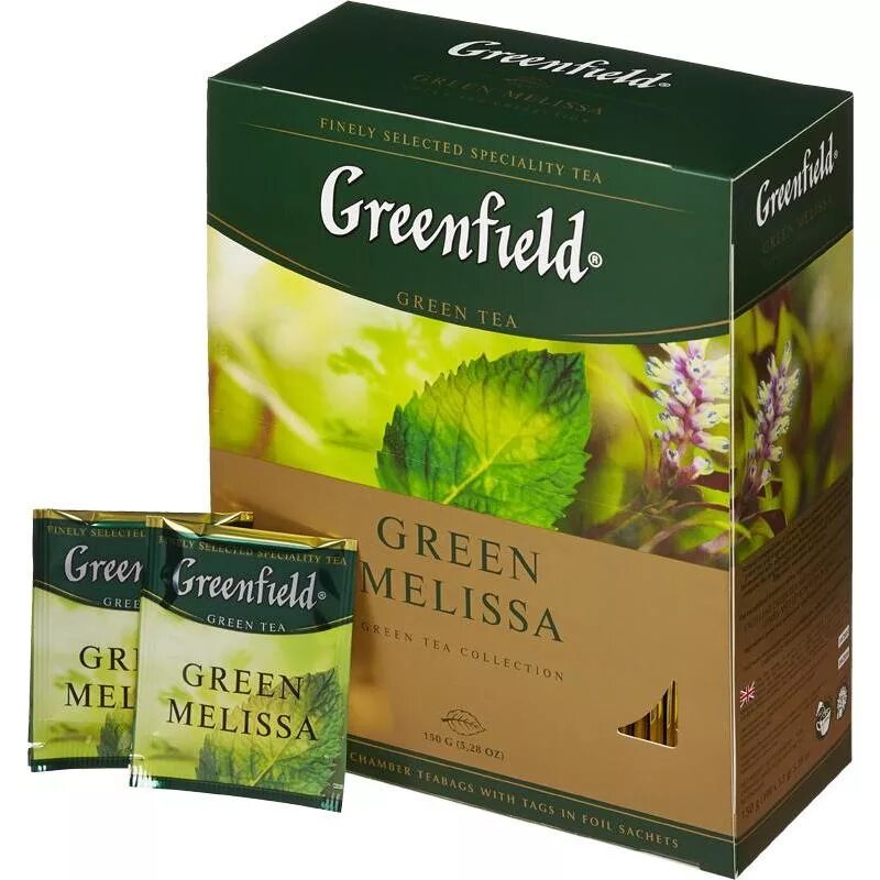 Гринфилд это. Чай Гринфилд Green Melissa. Greenfield чай зеленый Green Melissa 100 пак.