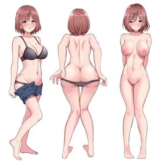 ...white background, ass, bangs, blush, bra, breasts, brown hair, cleavage,...