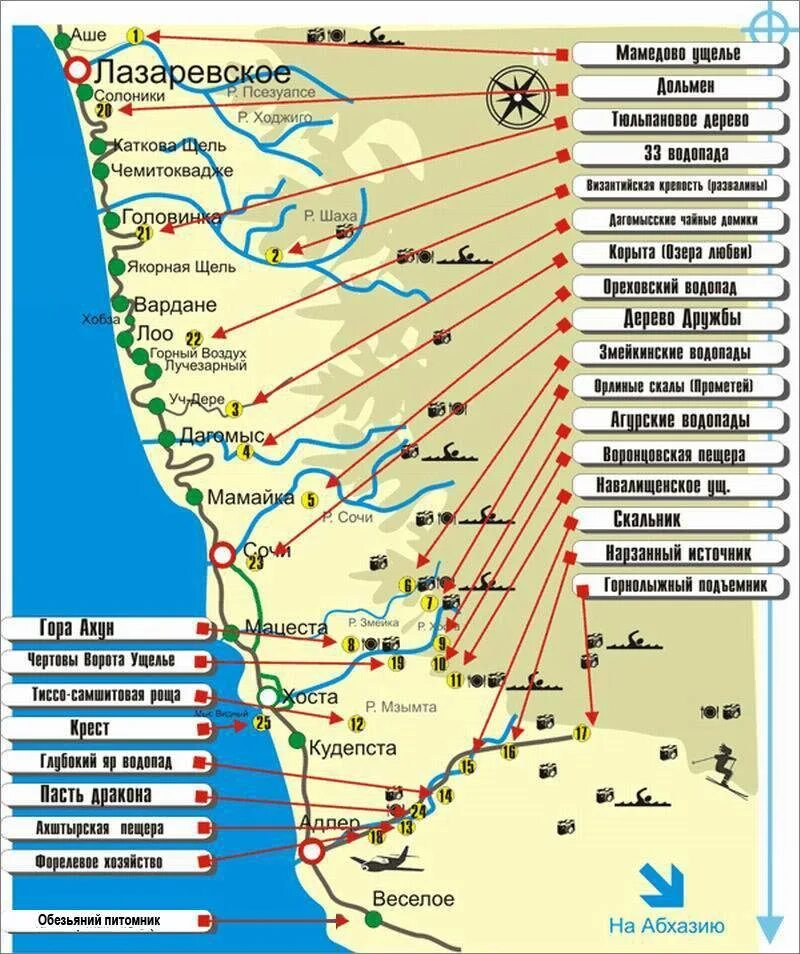 Достопримечательности Сочи карта с достопримечательностями. Карта побережья сочинского района. Туристическая карта Сочи. Карта Сочи и пригородов Сочи.