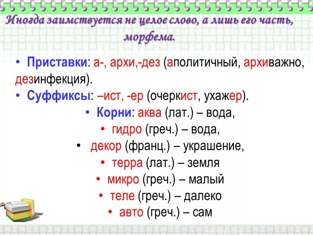 Суффиксы заимствованных слов. Интернациональные корни в русском языке. Интернациональные корни приставки суффиксы. Заимствованные слова примеры. Иноязычные приставки и суффиксы