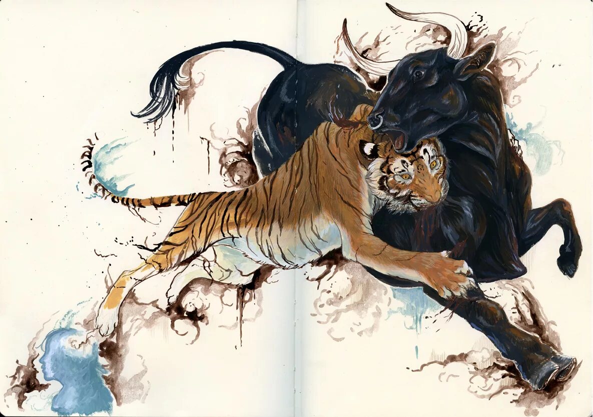 Лев бык 2024. Бык и тигр. Арты животных. Бык в китайской живописи.