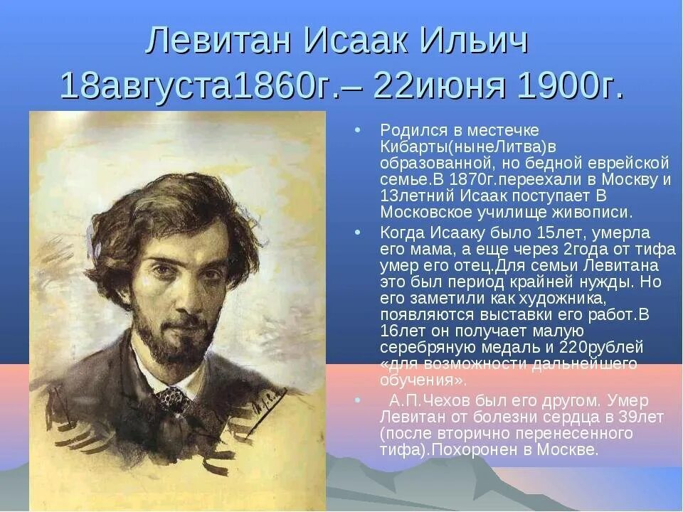 С каким городом связан левитан. Портрет Левитана Исаака Ильича. Биография Исаака Левитана художника. Рассказ о художнике Левитане. Левитан портрет художника.