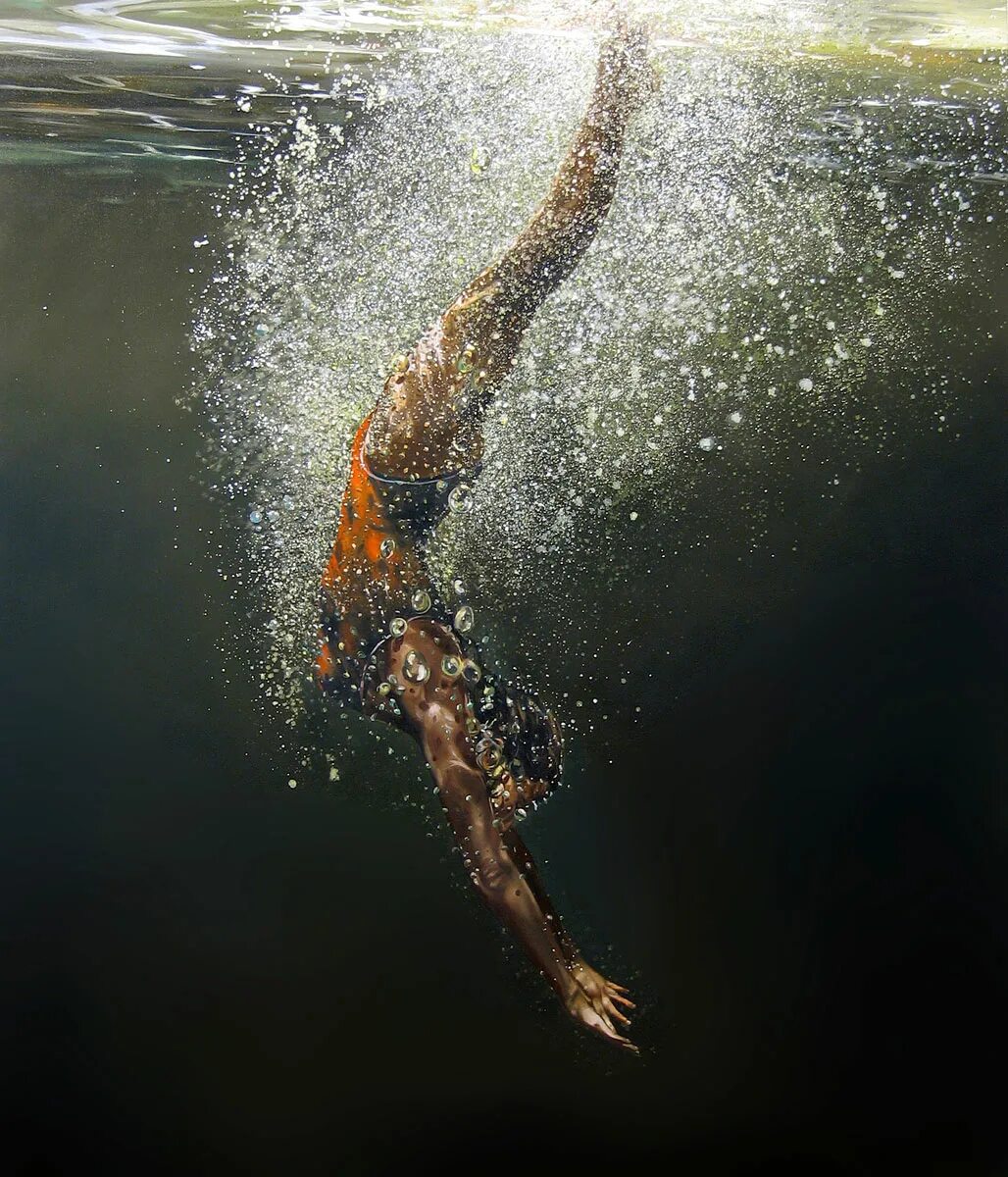 Eric Zener художник. Человек плывет в воде. Рассекая воду плывет по реке