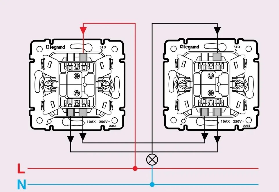 Двухклавишный проходной переключатель схема. Проходной выключатель Ovivo двухклавишный схема. Проходной переключатель с 3-х мест Легранд. Схема подключения проходного одноклавишного переключателя Легран. Подключение 2 двухклавишных проходных выключателей