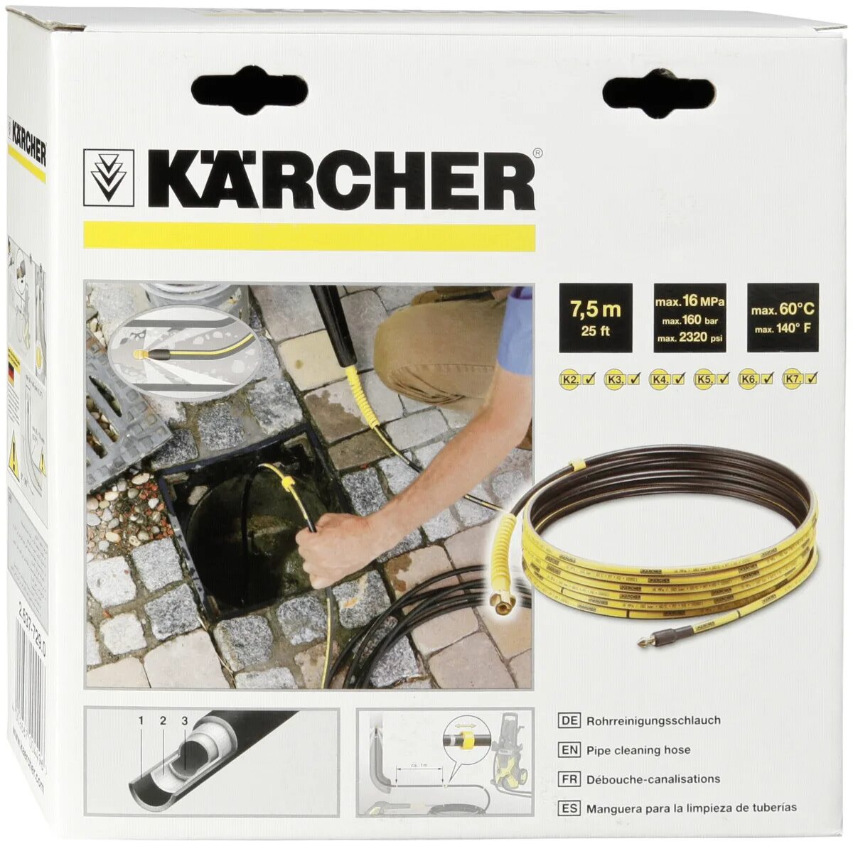 Прочистка karcher. Шланг Керхер PC7.5. Комплект для промывки труб Karcher PC 7,5. Шланг для промывки труб Karcher PC 7.5. Комплект для промывки труб Karcher 7,5 м, для k2-k7 - арт. 2.637-729.0.