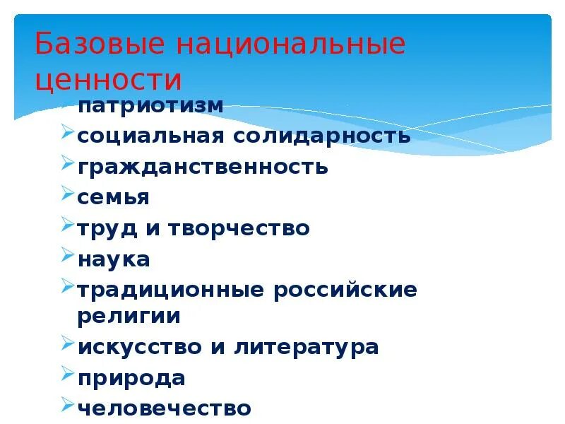 К базовым национальным ценностям относятся. Базовые национальные ценности ФГОС. Национальные ценности. Базовые национальные ценности это по ФГОС. Ценности патриотизма.