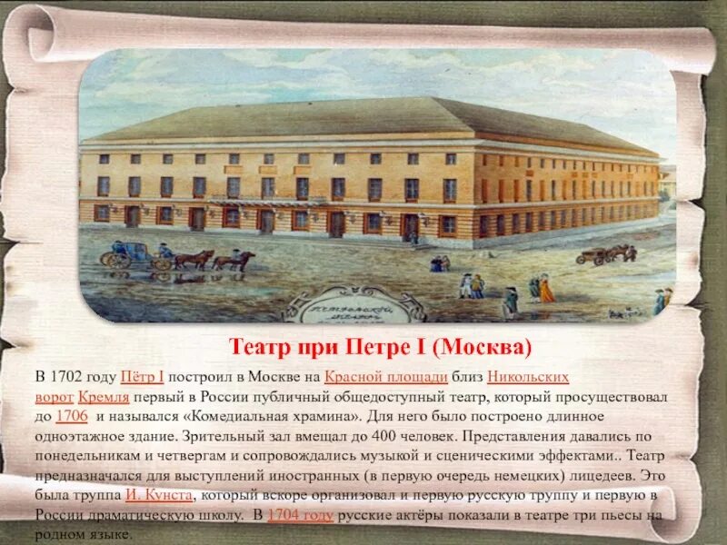 Первый публичный театр при Петре 1 1702. Театр в Москве при Петре 1. Первый театр в Москве в 1702 год при Петре 1. Году была организована одна из