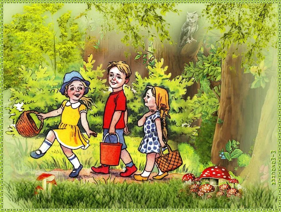 Сходить в лес. Дети собирают грибы. Прогулки в лесу с детьми. В лес за грибами. Дети собирают грибы в лесу.