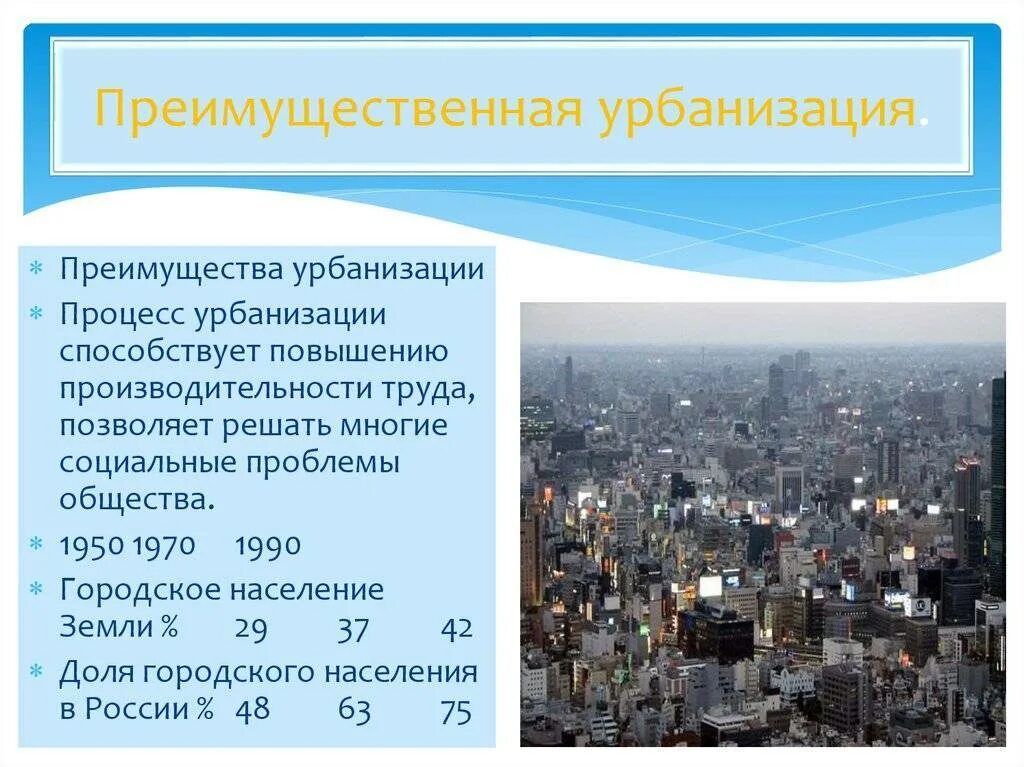 Формы темпы и уровни урбанизации. Урбанизация населения. понятие урбанизации. особенности урбанизации в развитых странах. проблемы городского населения.